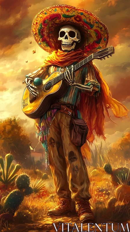 Skeleton guitarist in sombrero stands in glowing desert sunset.