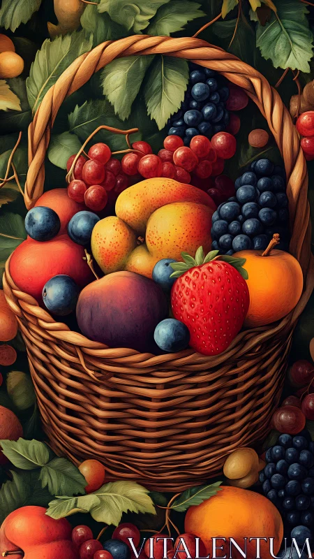 Wicker basket filled with colorful assorted ripe fruits.