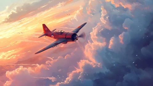 Sunset flight study with vintage aircraft in painterly clouds.