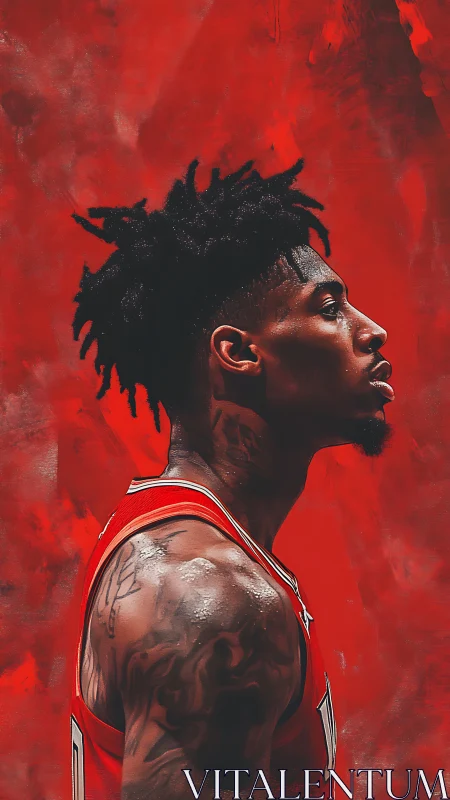 Basketball portrait in profile with intense red painted field.