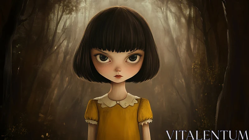 Big-eyed girl stands in eerie misty forest clearing.