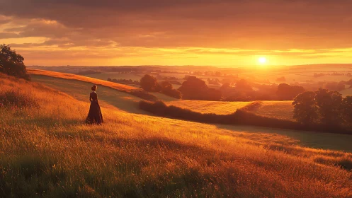 Solitary figure on sunlit hills at burning sunset horizon.