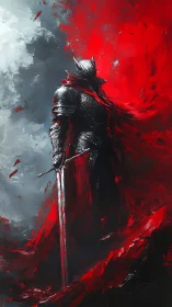 Dark armored knight stands amid swirling red and ash