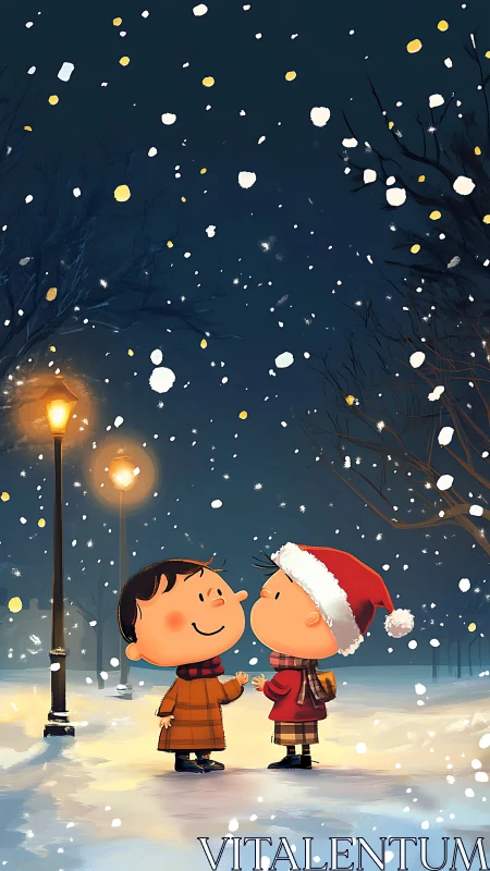 Children standing under snowfall near lampposts at night.