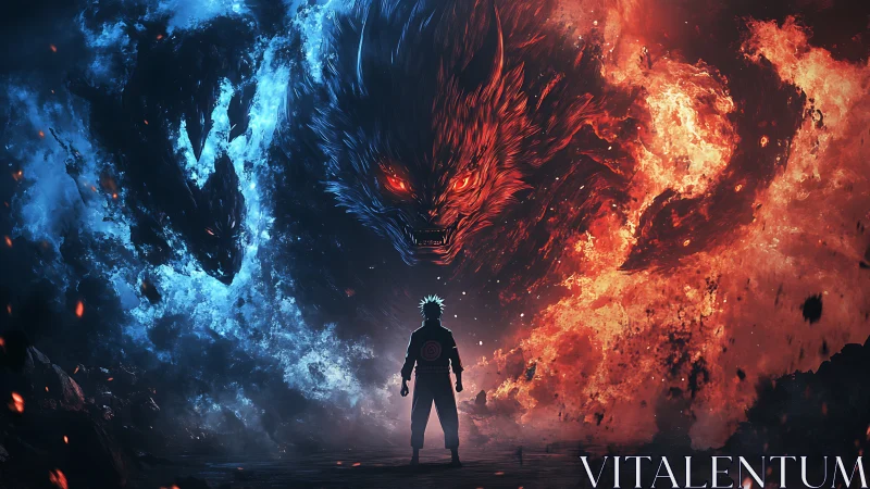 Silhouetted figure stands before dual elemental wolf forms