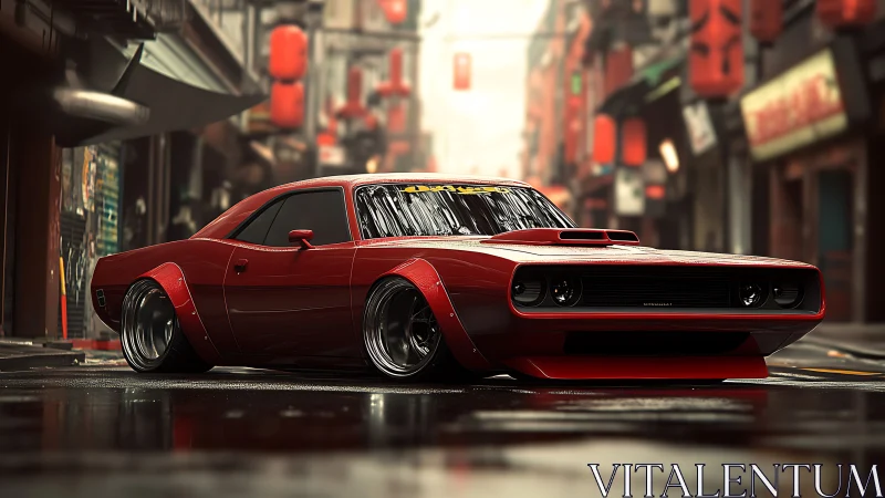 Modified red muscle car is rendered on wet urban street
