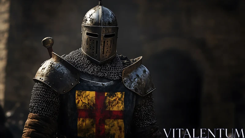 Crusader-era knight in mail and plate armor outdoors.