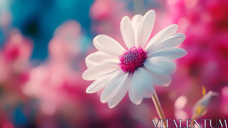 White Daisy with Magenta Center Against Soft Pink Bokeh.