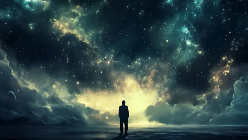 Solitary figure contemplates luminous cosmic sky portal
