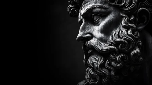 Stone profile of bearded classical male statue in shadow.