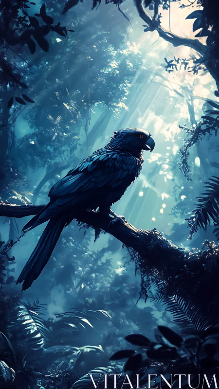 Blue parrot on jungle branch under dramatic light beams.