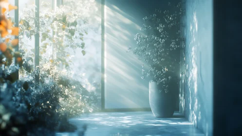 Serene corridor garden with volumetric sunlit florals.