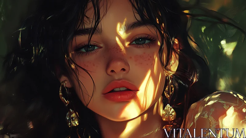 Sunlit freckles frame an enigmatic digital portrait gaze.