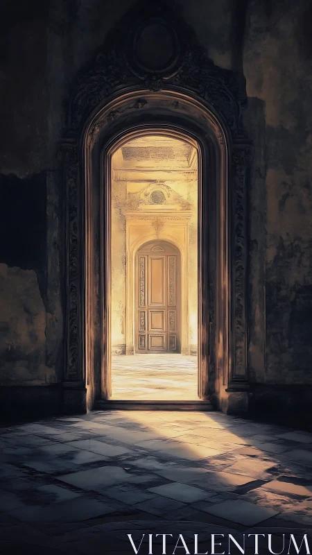 Baroque doorway sequence illuminated by warm axial backlight