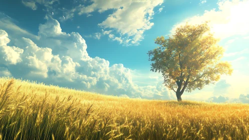Golden wheat meadow and sunlit tree under summer clouds.