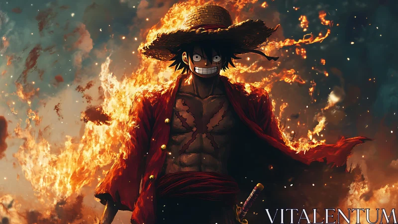 Anime pirate warrior strides through blazing firestorm.