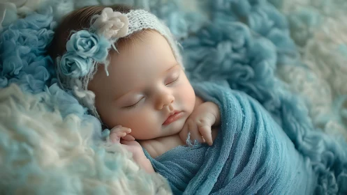 Sleeping infant with floral headpiece arrangement and textured fabric wrapping.