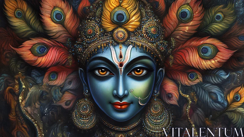 Digital painting of divine blue visage with radial peacock plumes.