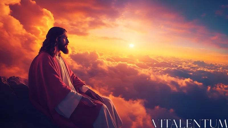 Sunlit robed figure above volumetric clouds in high-saturation sky