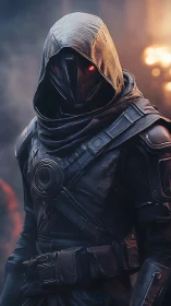 Hooded cybernetic sentinel stands in cinematic backlit haze