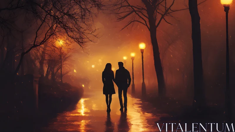 Couple jogging through neon-lit urban park at dusk. Golden streetlamps.