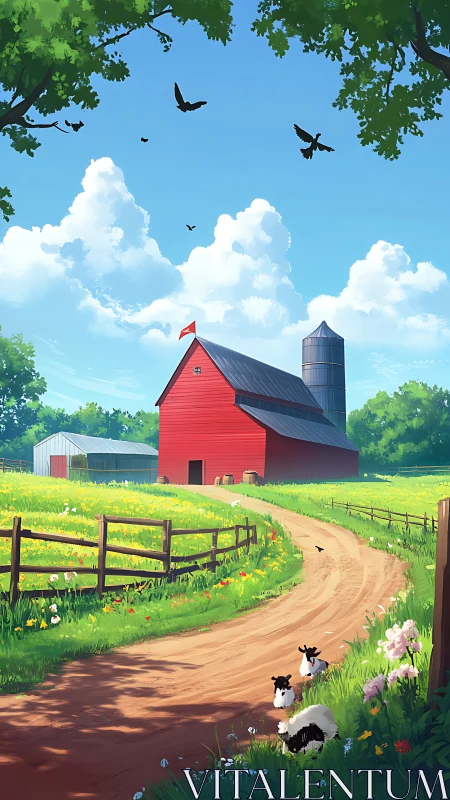 Sunny red barn lane with lambs and drifting summer clouds.