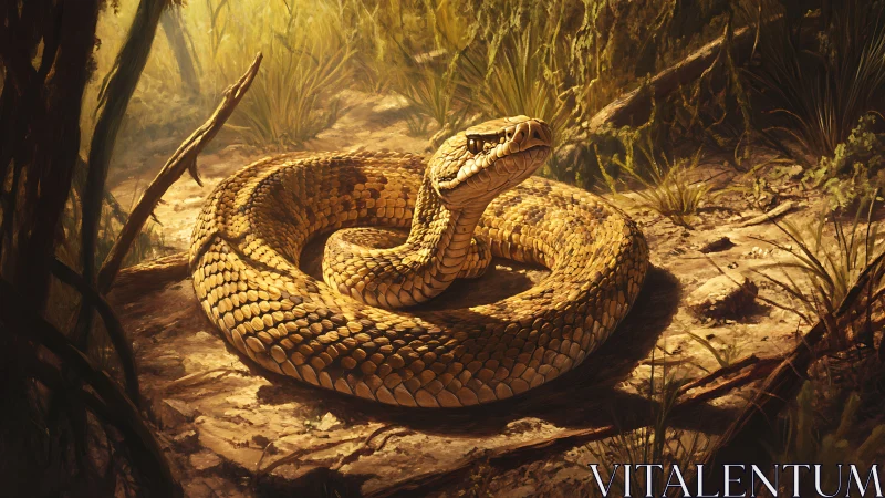 Coiled rattlesnake in sunlit leaf-littered habitat, high detail.