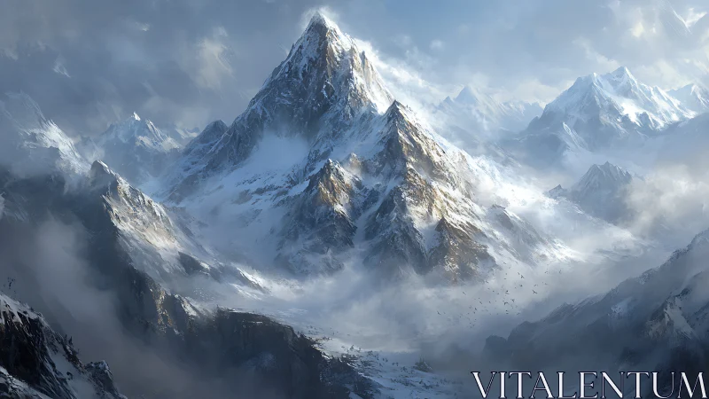 Towering snowy peak rises above misty alpine valley