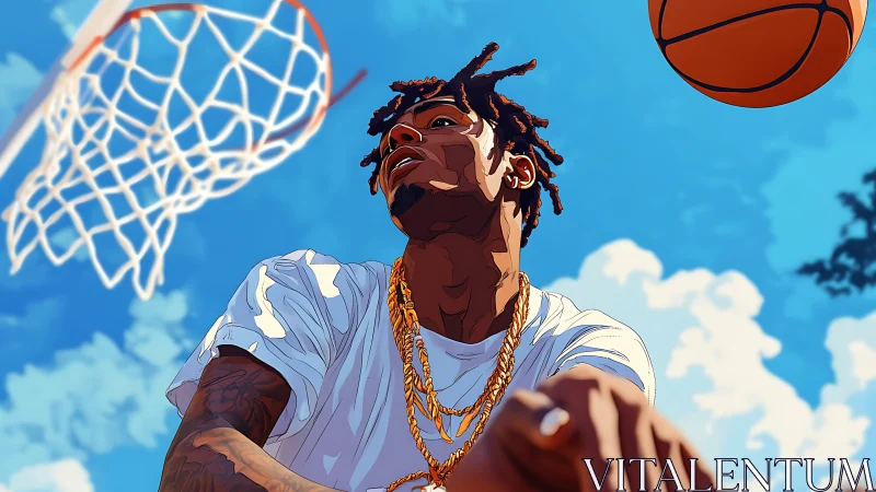 Sunlit streetball moment under a bright summer sky.