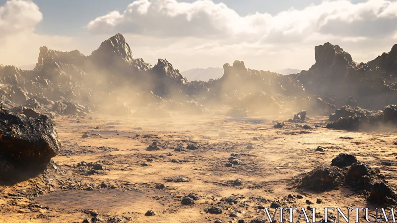 Volcanic exoplanet badlands under particulate diffuse haze.