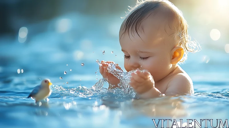 Infant playing in sunlit shallow water with splashing droplets