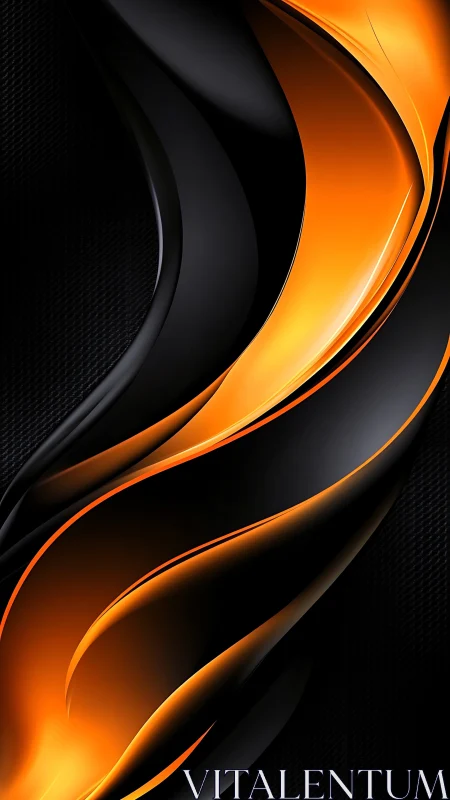 Curved black ribbons frame luminous orange flowing core