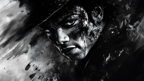 Monochrome digital portrait with abstract textured motion.