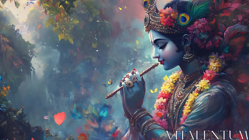 Floral crowned flute player drifts through misty dream grove