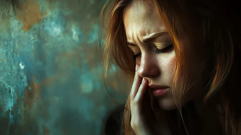 Pensive young woman in profile against textured teal wall