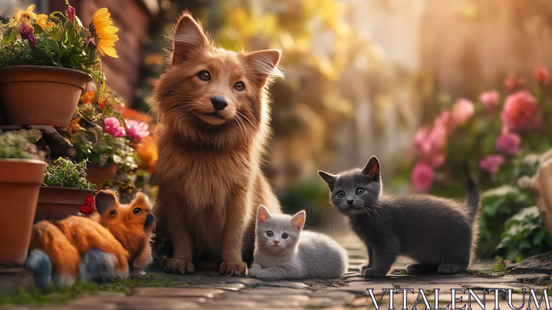 Domestic animals in garden setting with flowering plants.