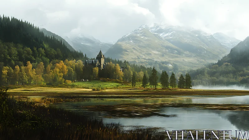 Peaceful lakeside castle nestles beneath misty mountain peaks