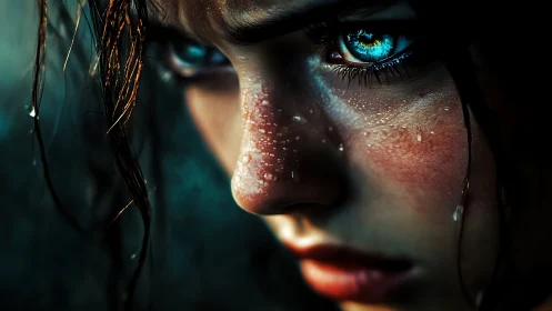 Close-up digital portrait shows intense blue eyes and wet skin