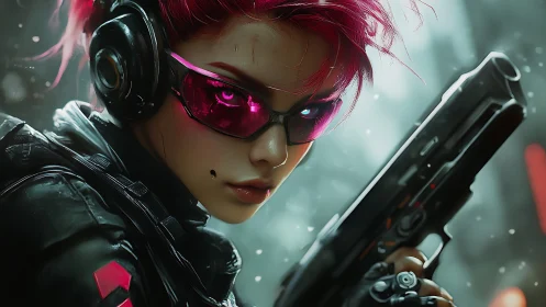 Cybernetic operative with neon visor aims pistol in shallow depth