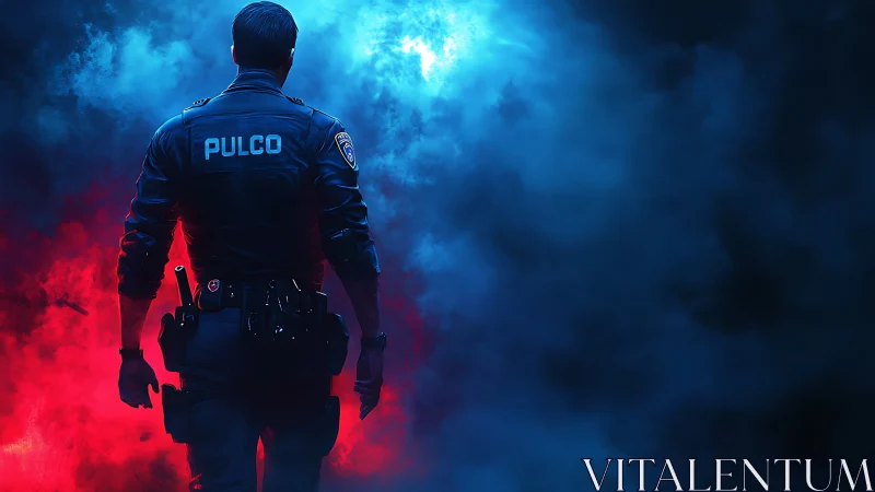 Midnight officer strides between red heat and blue hush