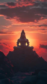 Serene Shiva statue in meditation against vivid sunset sky.