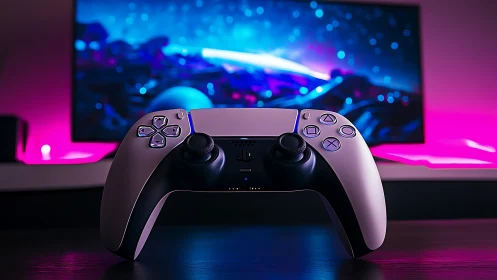 DualSense controller under neon gaming ambience glow.