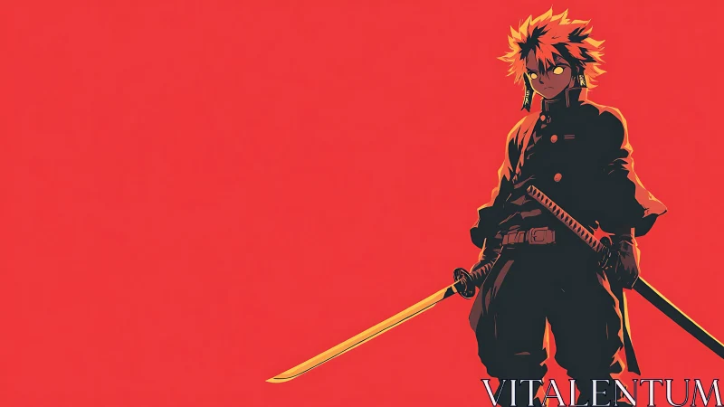 Sword-wielding anime warrior stands against flat red field