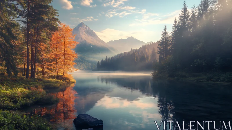 High dynamic range alpine lake at sunrise with autumn forest