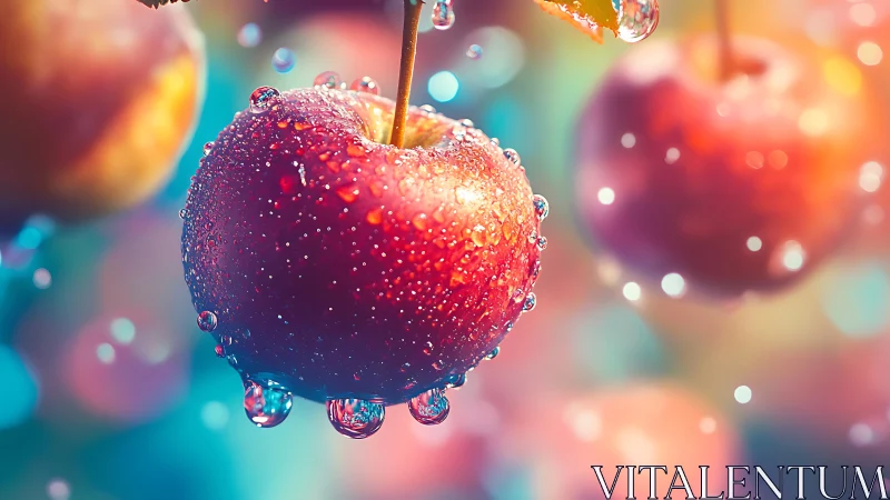 Sunlit cherries sparkling with dewy rainbow droplets.