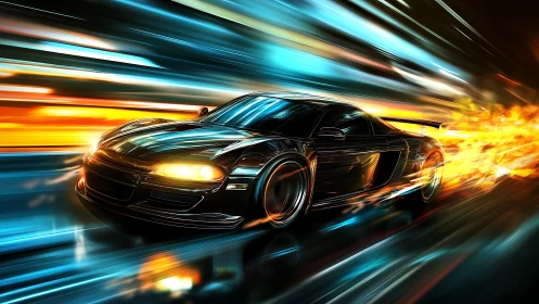 Hyperreal black supercar in neon motion blur speed tunnel