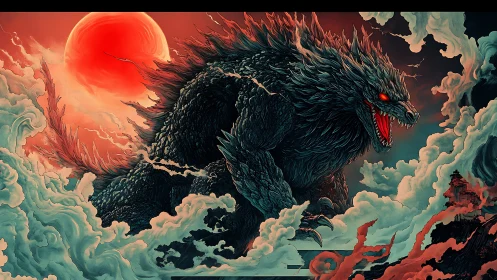 Fierce sea monster roars beneath a burning red moon.