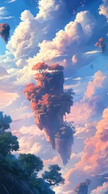 Drifting sky islands glow softly above a dreamy sunrise