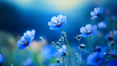 Shallow-Focus Cosmos Flowers Against Gradient Blue Bokeh Background