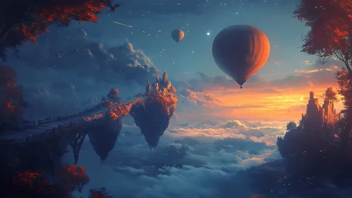 Floating citadel islands at sunset with drifting balloons.